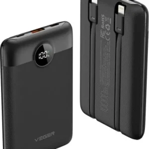 VEGER powerbank 10 000 mAh beépített kábelekkel Type C / Lightning PD QC3.0 2A 22,5W C11 (W1170) fekete Kedvezményes ár