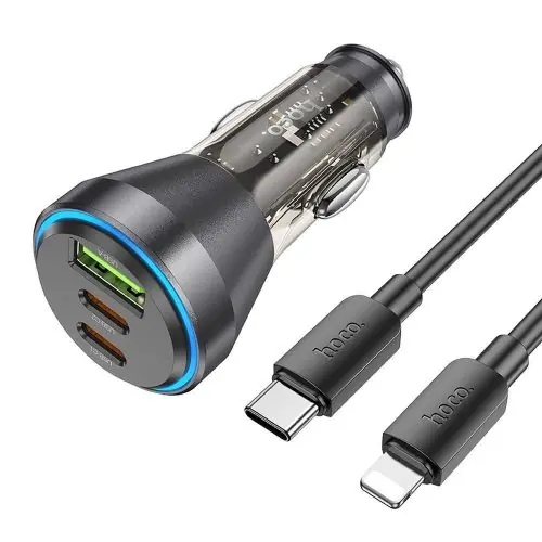 Bestseller HOCO autós töltő USB A + 2 x C típus + kábel C típus Lightning PD QC3.0 3A 60W NZ12D átlátszó fekete