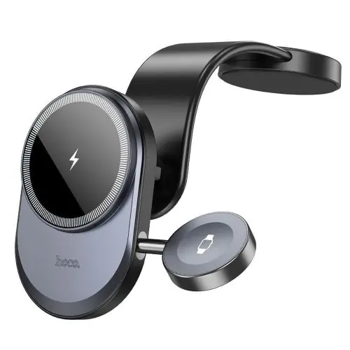 Olcsóbb HOCO autós tartó vezeték nélküli töltéssel 2in1 középkonzolhoz kompatibilis Apple Watch 15W HW28 fekete szürke