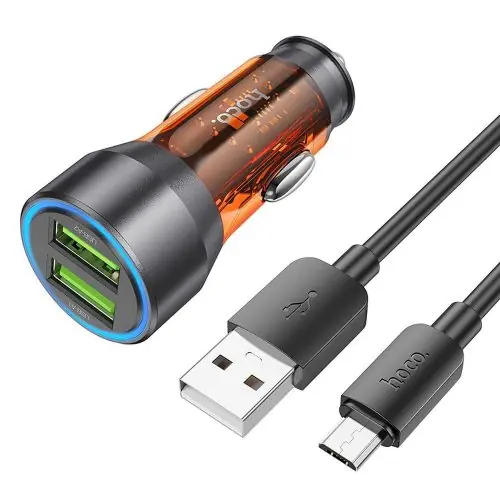 Azonnali szállítás HOCO autós töltő 2 x USB A + kábel USB A - Micro USB QC3.0 3A 36W NZ12 átlátszó narancssárga