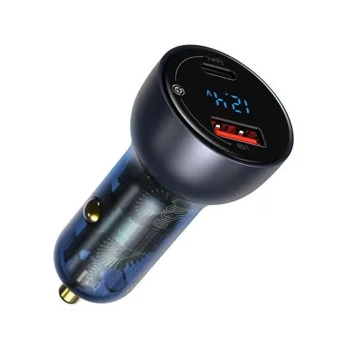 BASEUS car charger USB A + Type C with digital display PD3.0 QC4.0 5A 65W CCKX-C0A/VCKX65C dark blue Azonnali szállítás