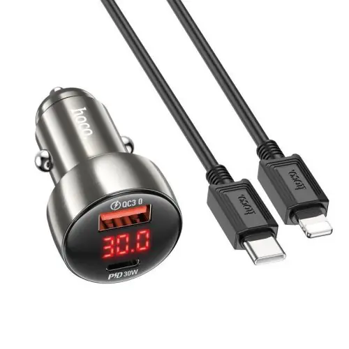 Bestseller HOCO autós töltő USB A + C típus digitális kijelzővel + kábel C típus Lightning PD QC3.0 3A 48W Z50 fémszürke szürke